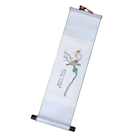 Traditional Japanese Hand Painted Bird Wall Scroll Silk Brocade Silver Boarder