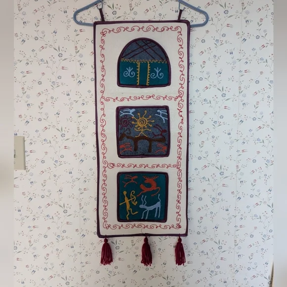Embroidered Wall Hanging with Tassels - Multicolor Asian Inspired Tibetan