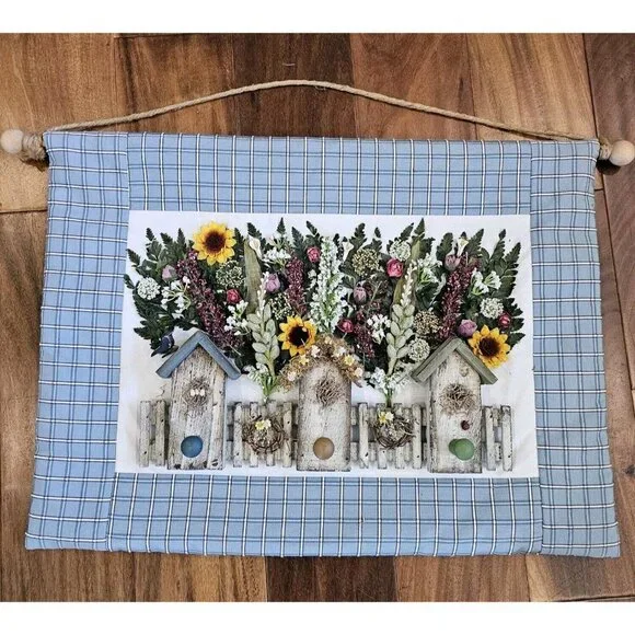90s Primitive 3D Quilted‎ Floral Tapestry Birdhouses Detailed Wall Decor Blue