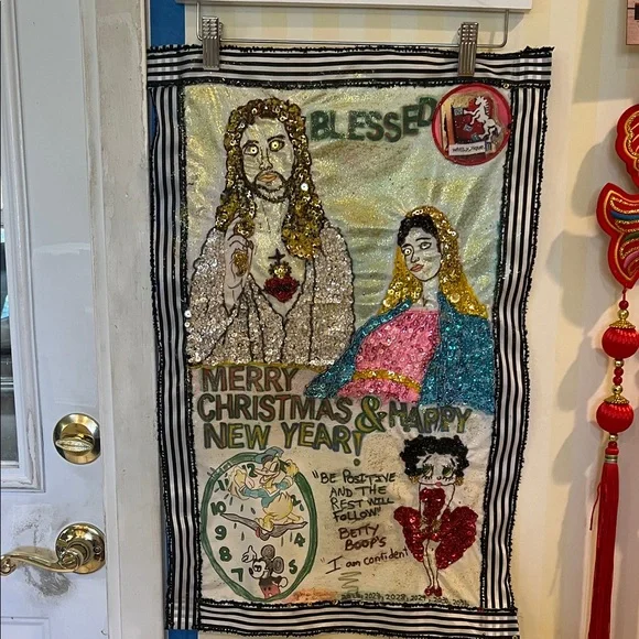 Sequin Jesus and Mary Wall Hanging Unframed Decor”2 ft x “15” home decor