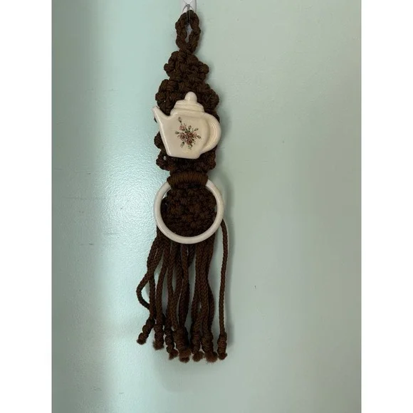 Vtg Handmade MACRAME Wall Hanging Decoration on Teapot Grandmacore Towel