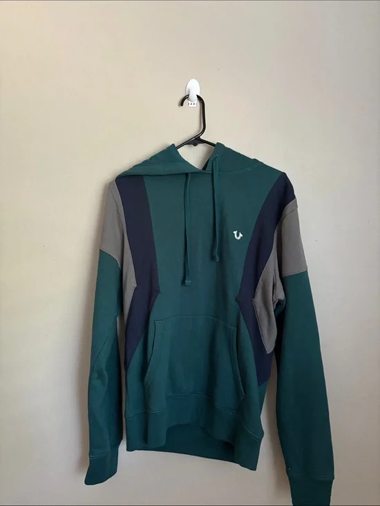 True Religion Teal & Navy Colorblock Pullover Hoodie size medium