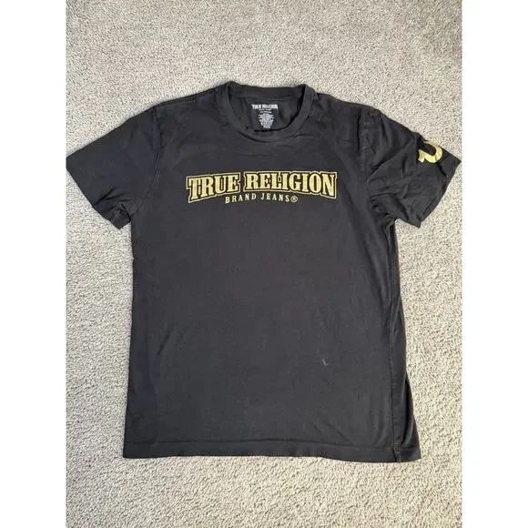 True Religion Shirt Mens L Black Brand Jeans Graphic Crew Neck Tagless Cotton