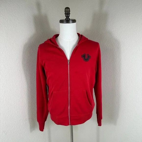 True Religion Zip Up Hoodie Mens Small Red Buddha Graphic Streetwear