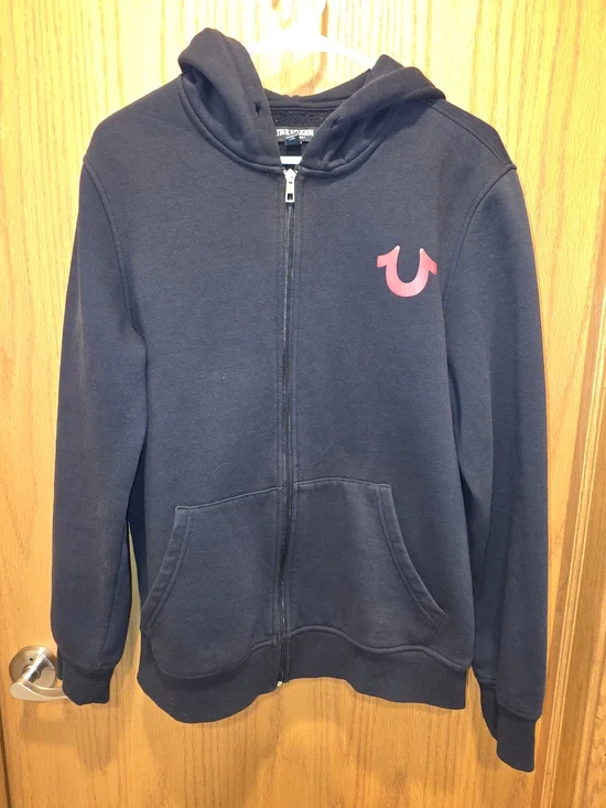 True Religion Black Zip-Up Hoodie with Red Logo