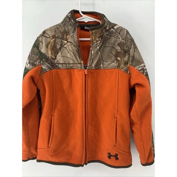 Boys Under Armour fleece zip up Camo hunting Blaze Orange Jacket Hiking Size 6