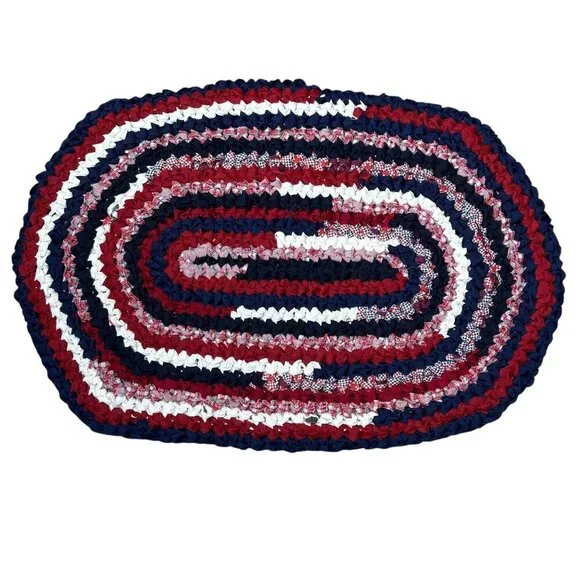 Handmade Knot Rug Oval Rag Rug Red White Blue