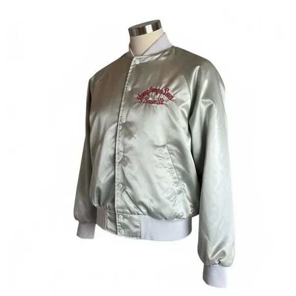 Vintage Karington Satin Bomber Jacket M Silver Sawmill Workwear Gorpcore USA