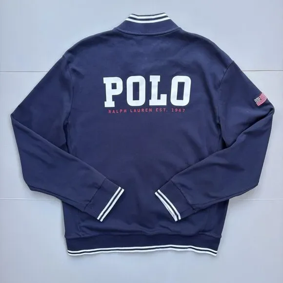 Polo Ralph Lauren Jacket Men Large Navy Track Full Zip USA Flag Pony Preppy