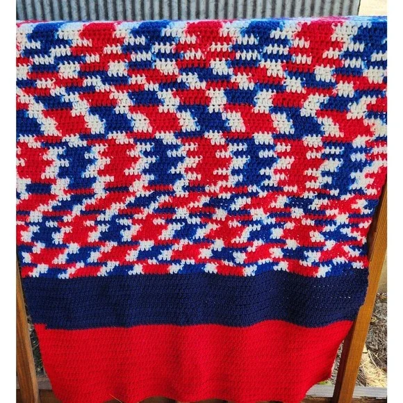 Crochet Afghan Blanket Red‎ White Blue White Americana 50