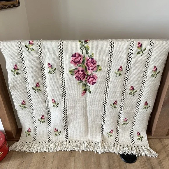Hand Crochet Afghan Blanket Throw Cottage Rose Cross Stitch Cottagecore 75x60