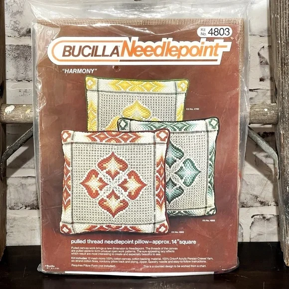 Vintage Bucilla 4803 Harmony Pulled Thread Needlepoint Pillow Kit Sealed Boho