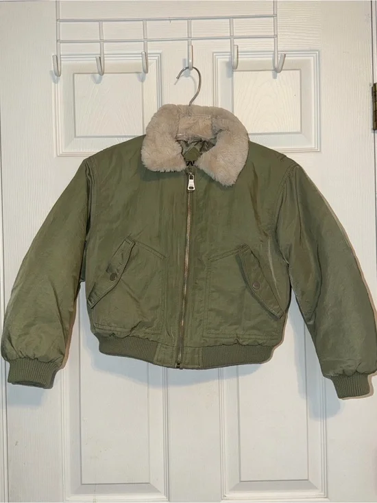 Zara Kids Olive Green Puffer Jacket with Faux Fur Collar