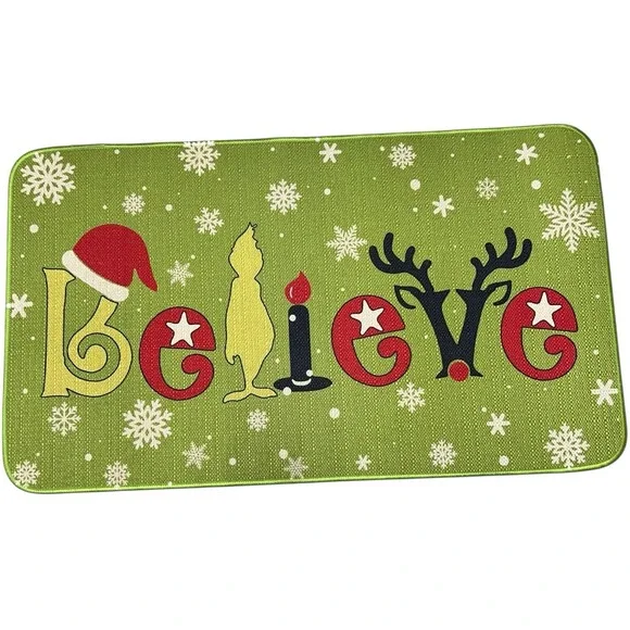 Grinch Believe Christmas‎ Doormat Holiday Snowflake Green Entry Rug Decor 29x17