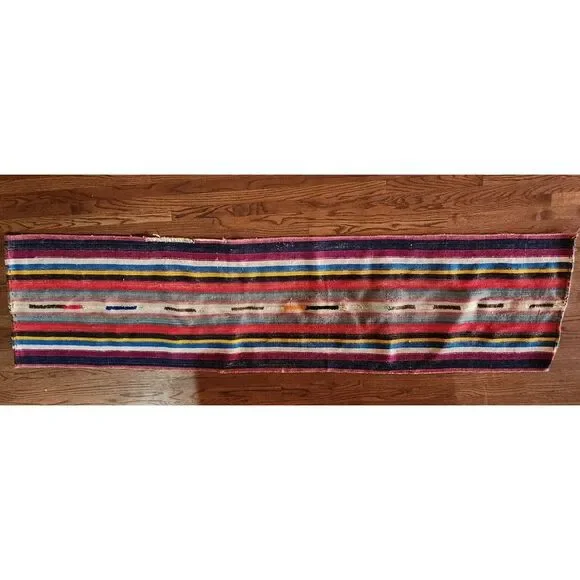 Vintage Red Blue Yellow Black Kilim Runner Rug Hand Knotted Carpet 2ft x 8.5ft
