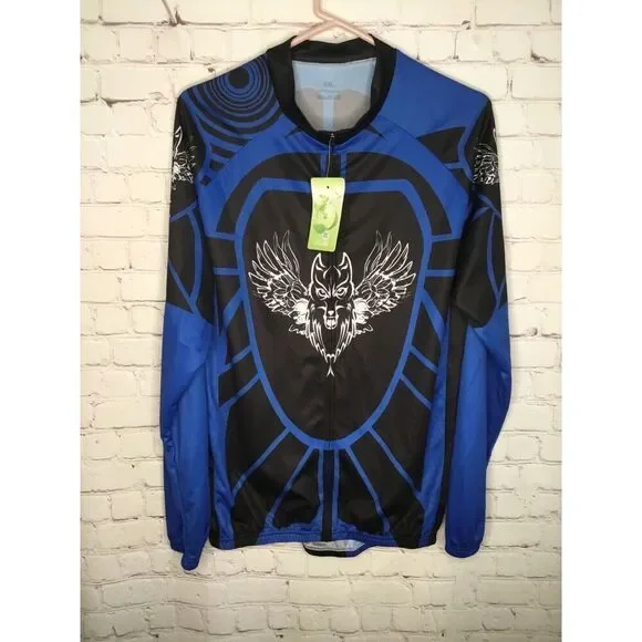 NWT Cycling Men's Blue/Black Full Zip Long Sleeve Cycling‎ Jersey Shirt Size XXL
