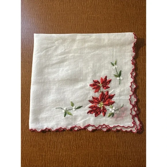 Vtg Embroidered Christmas Pointsetta Cotton handkerchief Unused