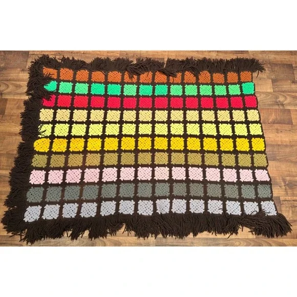 Vintage Granny Square Blanket Afghan Couch Throw Hand Made Crochet Brown‎ 46x64