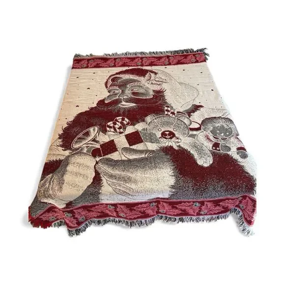 Vintage American Weavers Woven Santa with Toys Throw Blanket 60