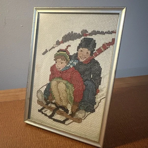 Vtg Crossstitch In Gold Grame Winter Holiday Sledding