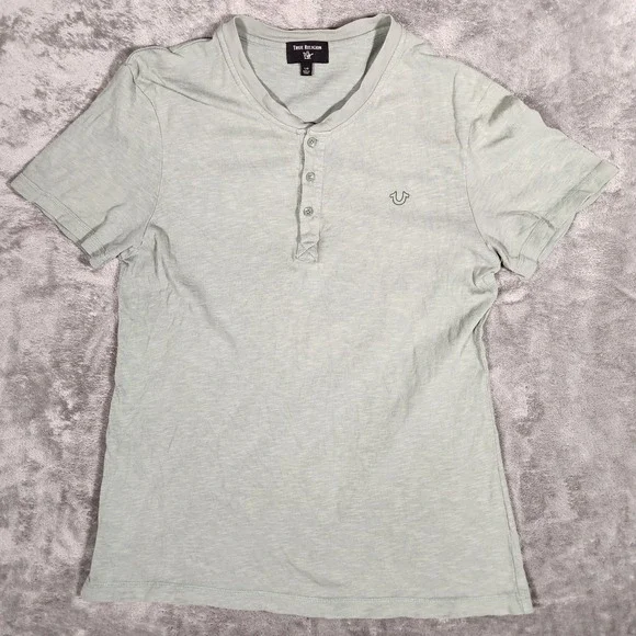 True Religion Henley‎ Shirt Mens Large Sage Green Excellent Slub Knit Horseshoe