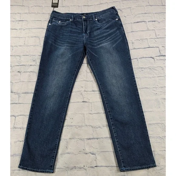 True Religion Geno Relaxed Slim Jeans MENS 36x32 Blue Blsze Wash Big T Flap