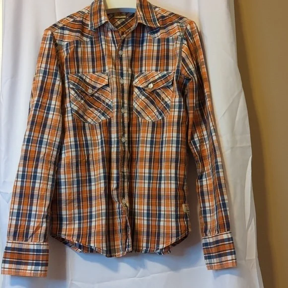 True Religion Mens Button Up Plaid Orange/Blue Sz M