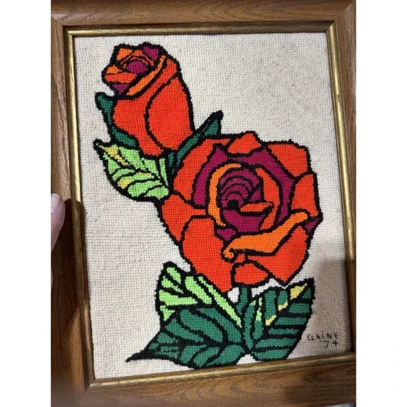 Vintage 1974 Finished Needlepoint Rose Framed Wall Art Retro 70s Punch Needle