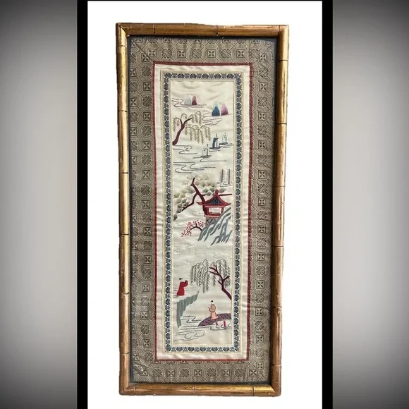 Vintage Chinese Handwoven Embroidery Framed Gold Bamboo Frame 12x24
