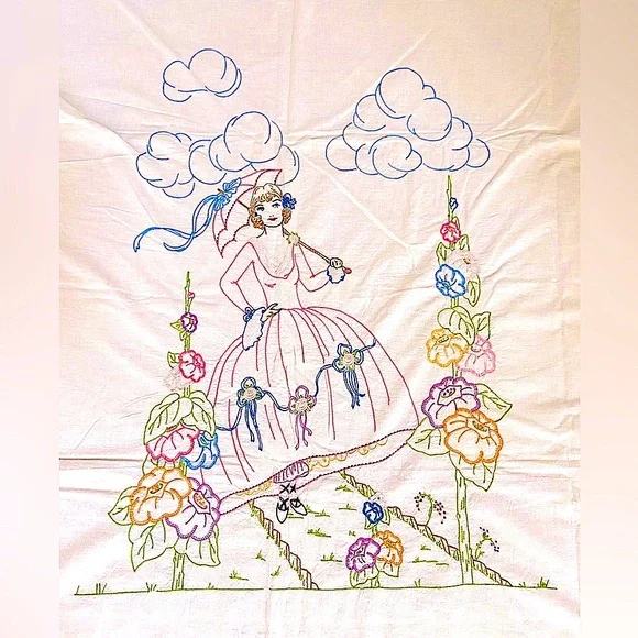 Embroidered BedSpread Tapestry Handmade Vintage Lady‎ with Flowers 74” x 85”