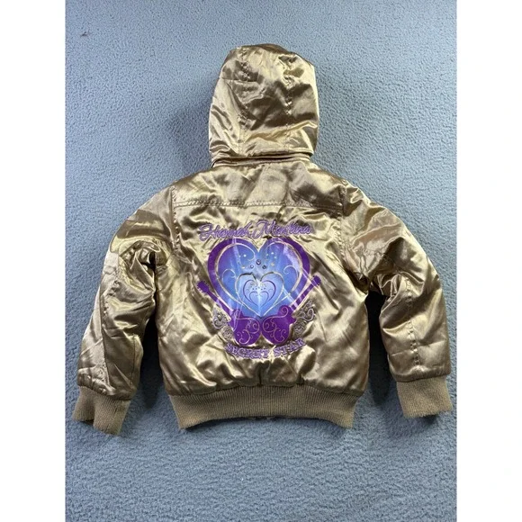 VTG Y2K Hannah Montana Miley Cyrus Disney Gold Fur Hood Bomber Jacket Girls 7/8