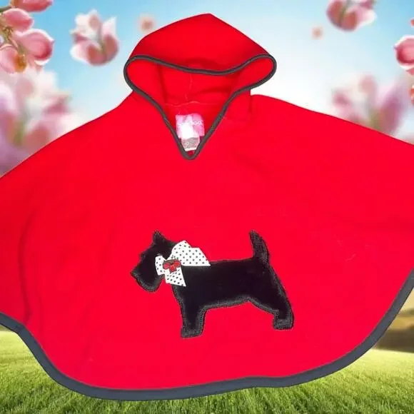 Goodlad Girls Red Fleece Hooded Poncho Cape Scottish Terrier Scottie Dog OS