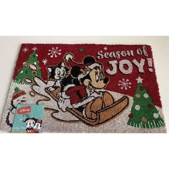 Disney Minnie Mouse Aristocats Sledding Christmas Season‎ Coir Door Mat 18x28”