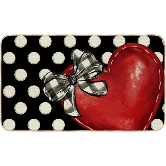 Valentine's Day Welcome Doormat Heart Black White Polka Dot 17 x 29