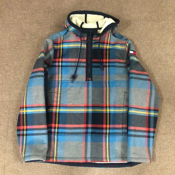 Tommy Hilfiger Plaid Sherpa Lined 1/4 Zip Pullover Jacket/Coat w/ Hood Adult S