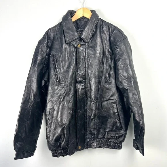 Maxam Mens XL Black Top Grain Lambskin Leather Patchwork Jacket Biker Moto 90s