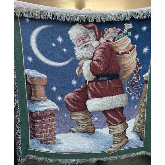 Tapestry Throw Santa Claus Rooftop Bag Toys Blanket Farmhouse CottageCore 60x62