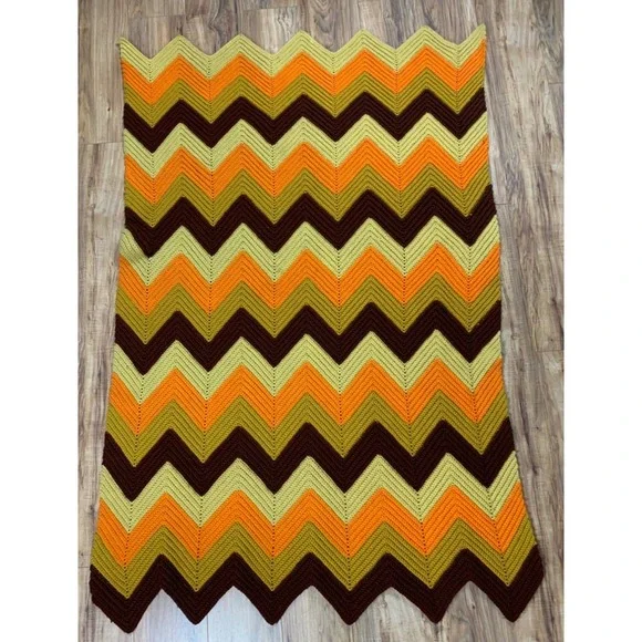 Vintage 70s Crochet Chevron Afghan Blanket Retro Orange Brown Boho Throw MCM