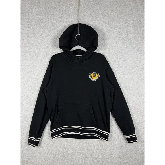 True Religion Mens Collegiate Pullover Hoodie Size M Black Chenille Logo Patch