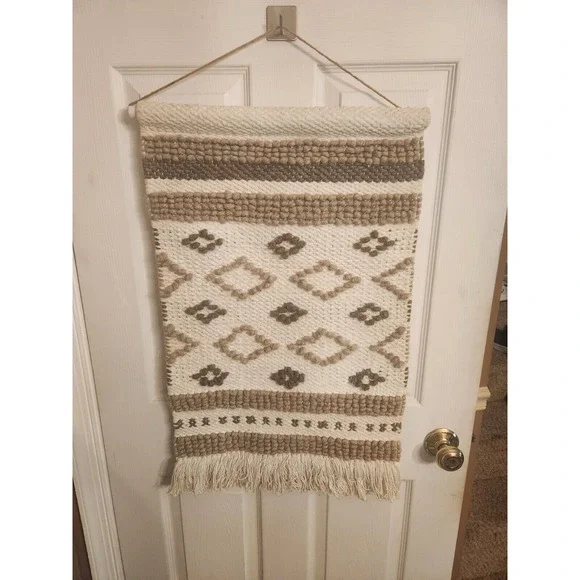 Bottom Fringe Textured Woven Wall Hanging Fabric Art Boho‎ Decor Tan Cream Beige