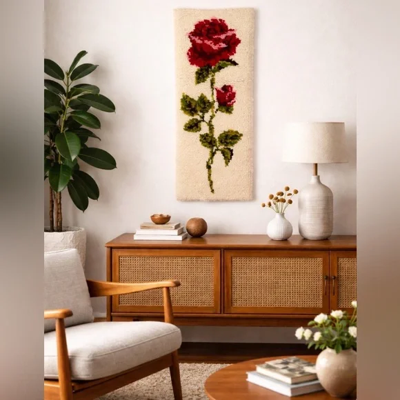 🌹Vintage Shillcraft Rose Weave Handmade Wall Hanging Mid Century Modern Rug Art