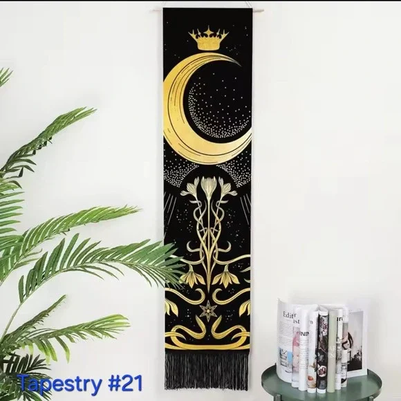 Moon Crown Tapestry Wall Hanging‎ Black Gold Celestial Art Decor