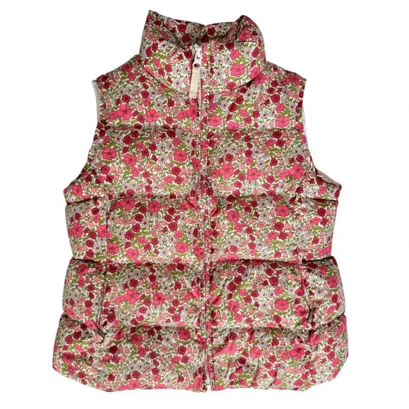 Lands End Girls Down Puffer Vest Kids Large 6X Pink Green Floral Quilted Preppy