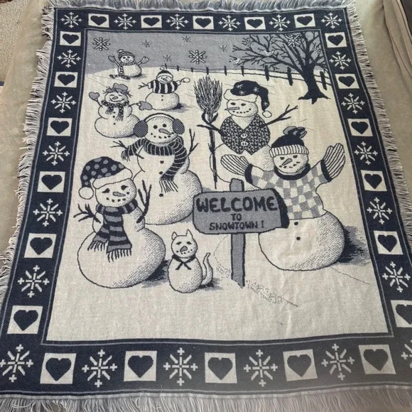 Vintage Welcome to Snowtown Snowman Family‎ Throw Tapestry Blanket Blue Gray EUC