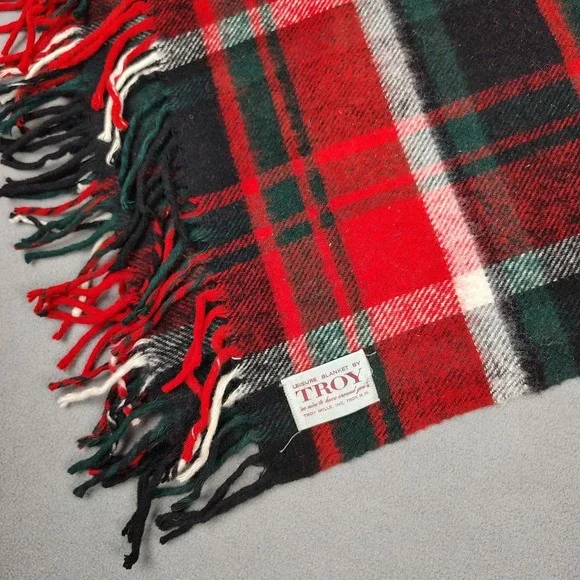 Vintage 60s TROY MILLS Wool Blanket Tartan Plaid Holiday Throw Lap Fringe Cozy