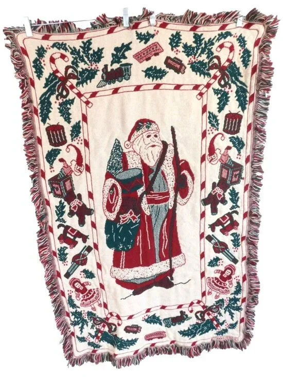 Vintage Santa Claus Woven Tapestry Throw Lap Blanket With Fringe 48