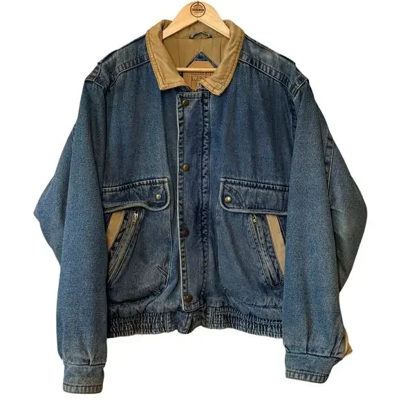 VTG 90s Denim Bomber Jacket 100% Cotton Heavyweight Utility Y2K Jean Unisex XL