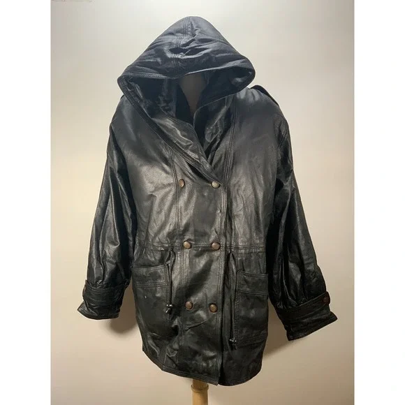 Michael Michelle USA Men's Medium‎ Button Up Leather Hooded Jacket Black