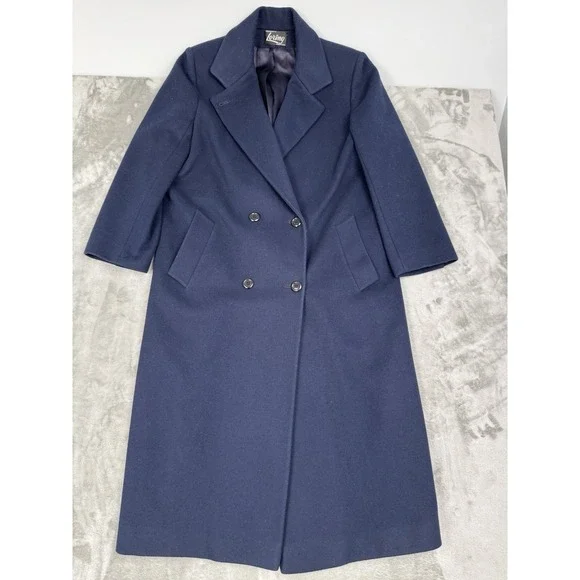 Vintage Loring Long Blue Wool Overcoat Womens 46 XL-XXL Double Breasted USA 80s