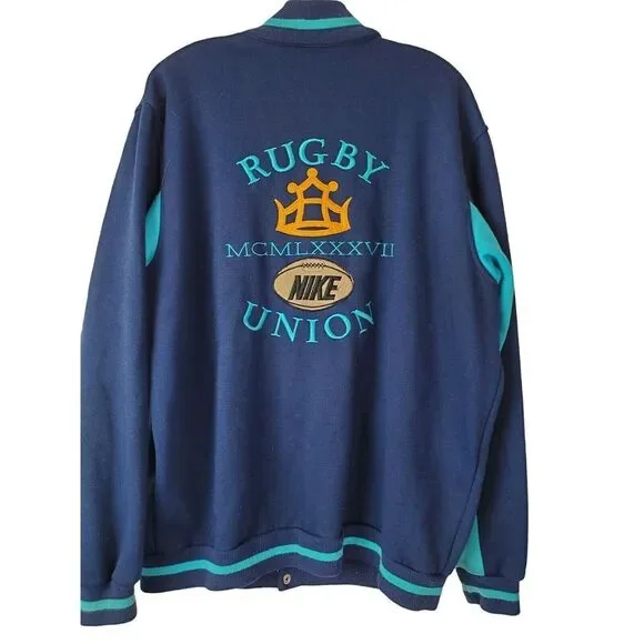 VTG Nike Rugby Union 1987 Snap Button‎ Varsity Bomber Jacket Blue XL LS HN
